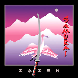 The album artwork for Samurai by Zazen featuring a crane and a katana sword in front of pink and purple mountains