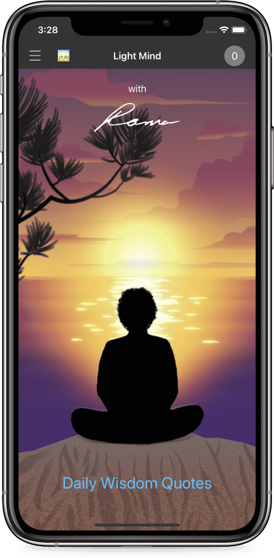 Light Mind app splash screen showing meditating silhouette in front of ocean sunset