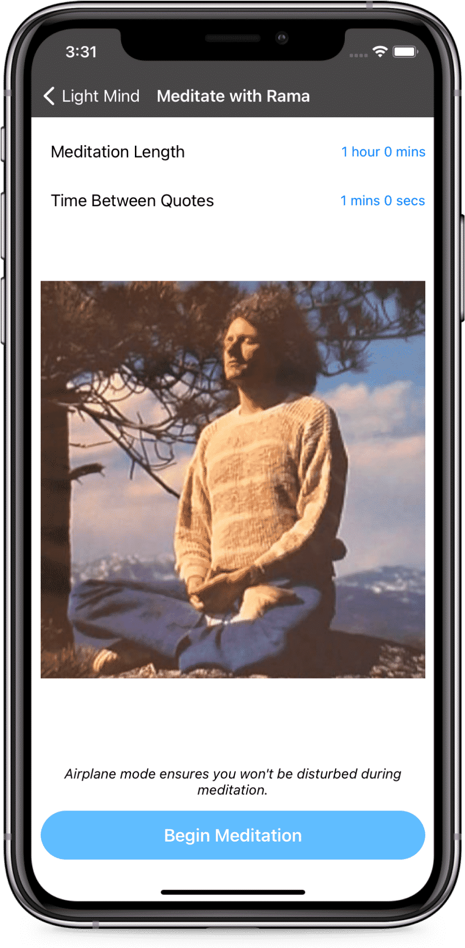 Light Mind app showing Meditate with Rama screen